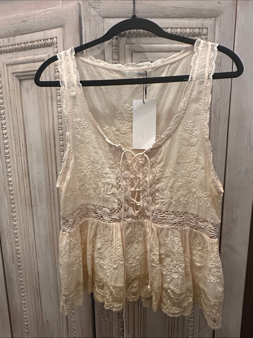 Zara Cream Embroidered Lace-Trim Peplum Top - Picture 1 of 7